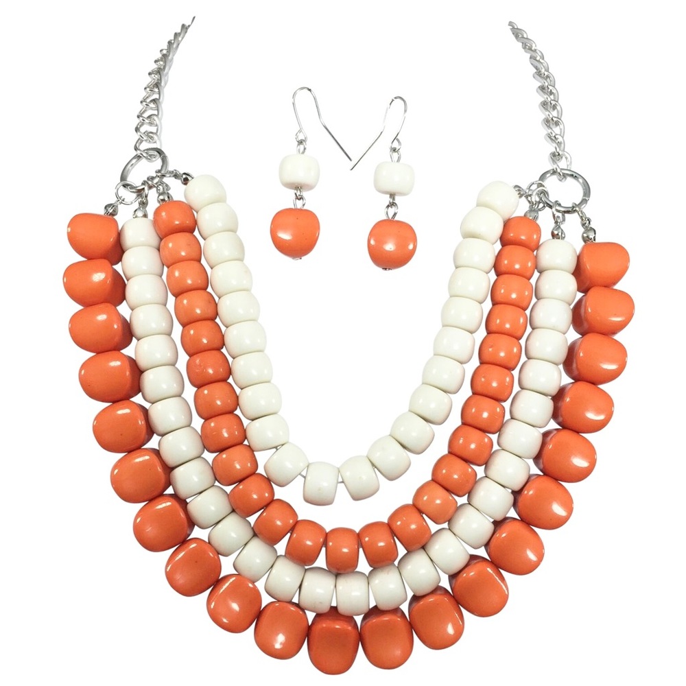 Layered Orange White Beaded Necklace Earrings Set